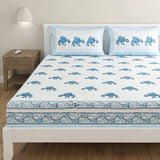 Indian hand block printed cotton sheet set with blue camel prints and decorative border
