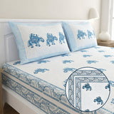 100% cotton Indian block print sheet set with blue elephant motifs