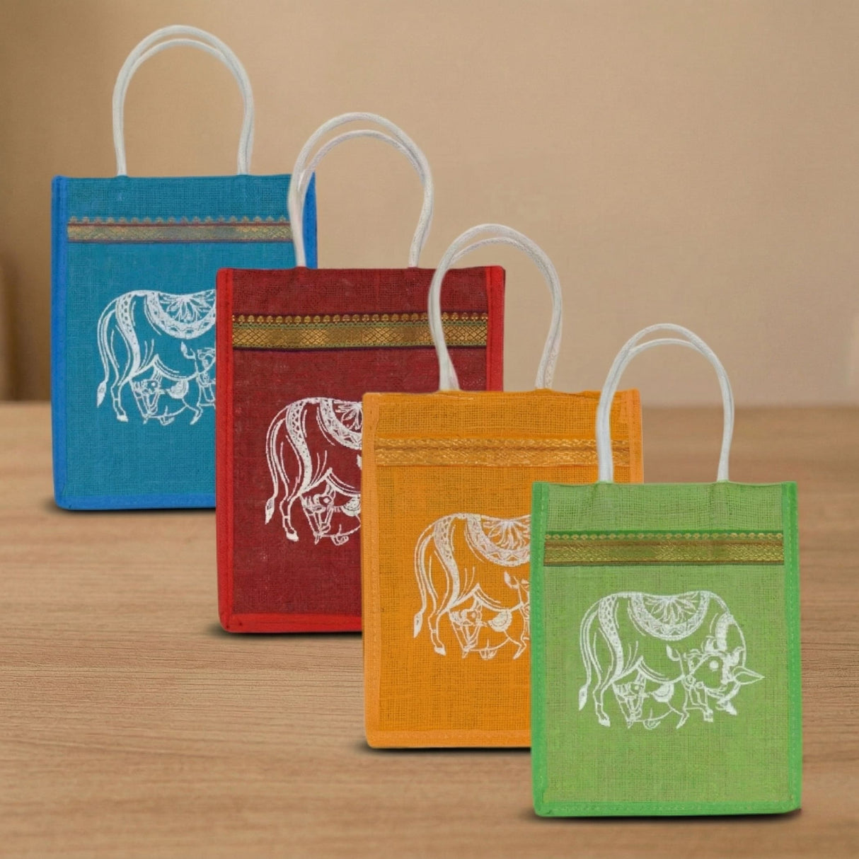 Set of four colorful jute bags featuring white cow and calf design with gold trim eco-friendly reusable tote bags