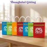 Colorful woven jute gift bags with white elephant designs and gold-trimmed pockets eco-friendly reusable totes