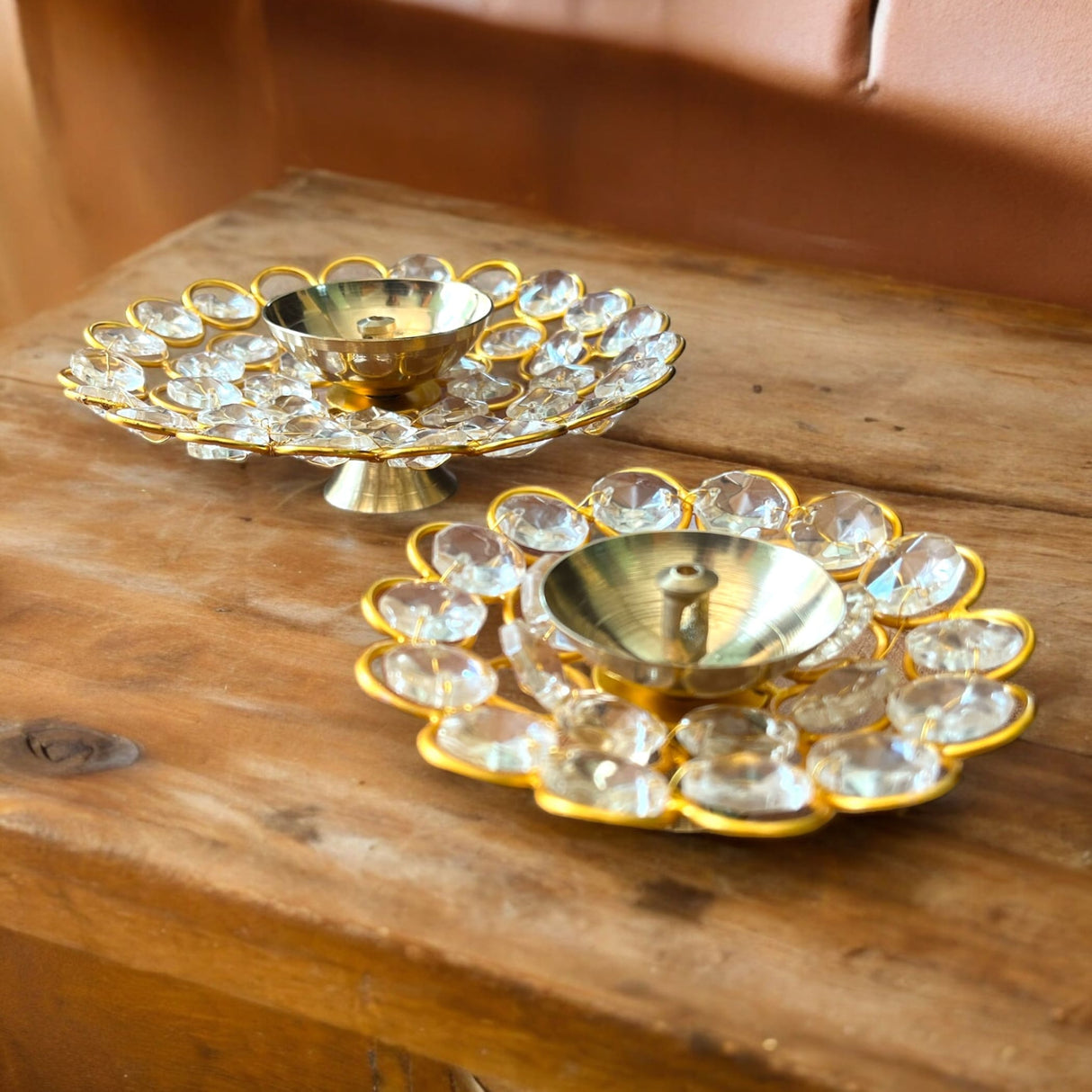 Brass crystal diya decorative acrylic floral shape diwali