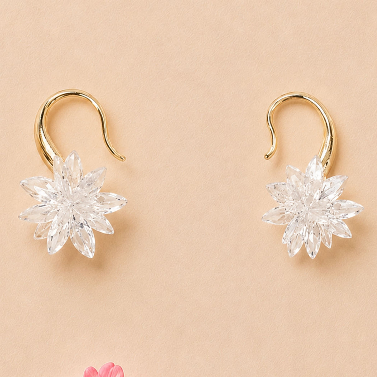 Clear faceted crystal flower dangle earrings for women with gold-tone hook clasps trendy upscale birthday gift