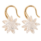 A pair of gold-toned dangle earrings with clear faceted crystal flower designs for women birthday gift