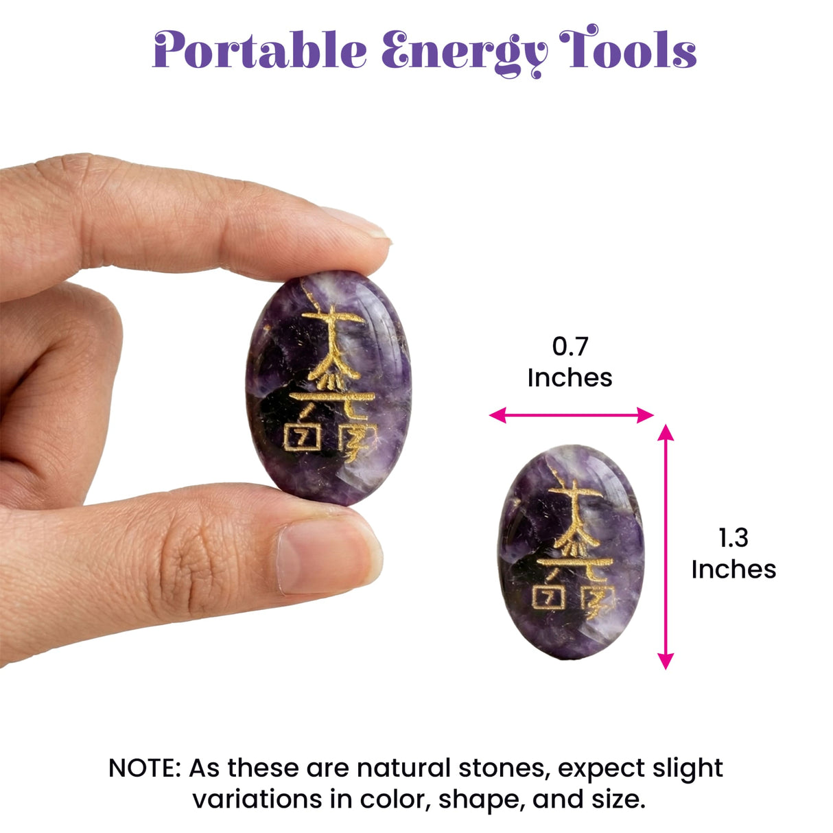 A smooth oval purple amethyst crystal reiki stone engraved with golden chinese characters for chakra balancing meditation