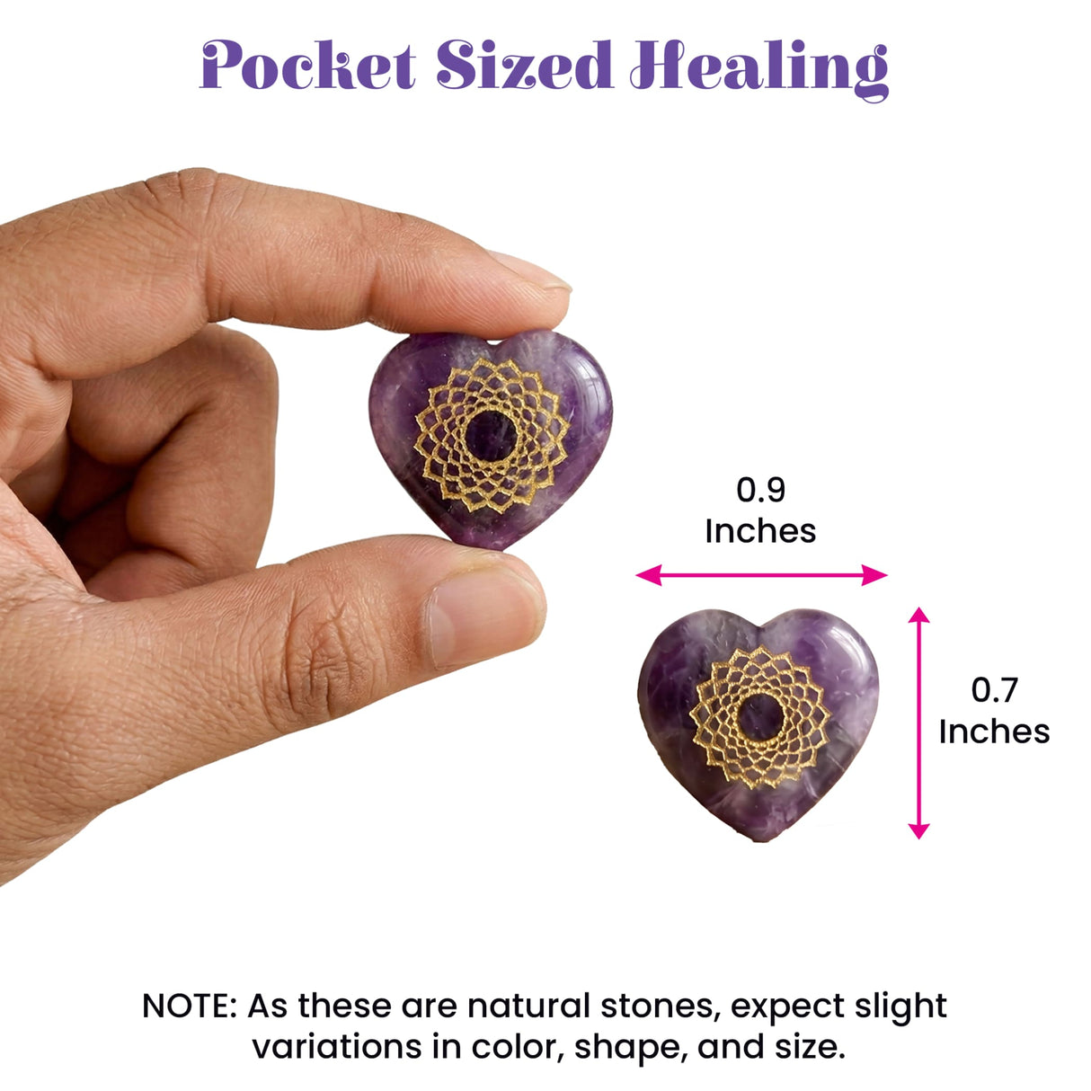 A purple amethyst heart-shaped healing stone with a golden chakra design engraved for meditation and chakra balancing