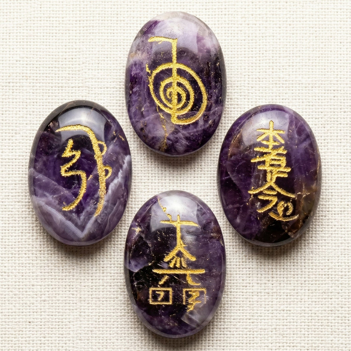 Purple oval amethyst crystal reiki stones with golden engraved spiritual symbols for chakra balancing and meditation