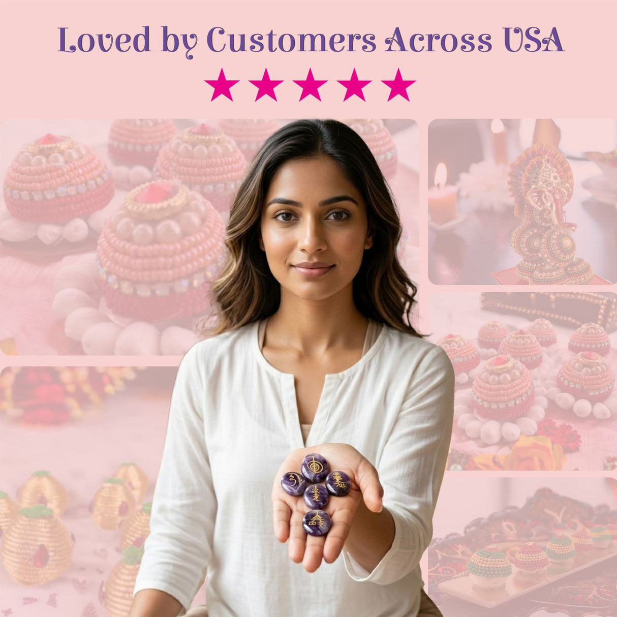 A woman holds five small dark purple amethyst crystal reiki stones with golden engraved symbols for chakra healing