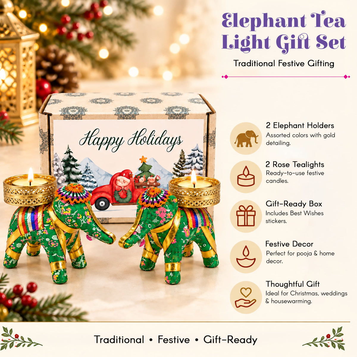 Gift box with green elephant-shaped tea light holders featuring gold accents and colorful floral patterns for festive gifting