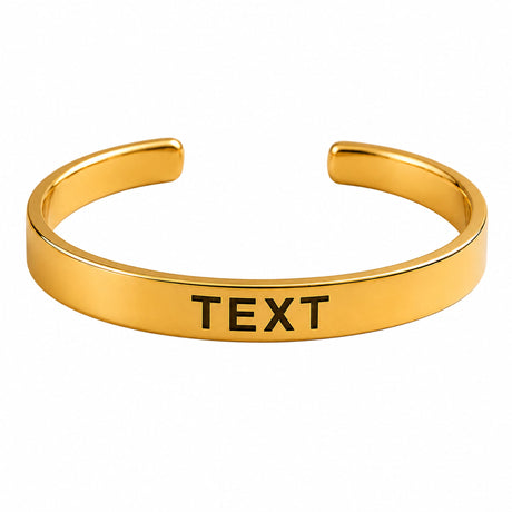 Gold-colored sleek metal personalized custom name cuff bracelet with engraved text and adjustable open bangle design