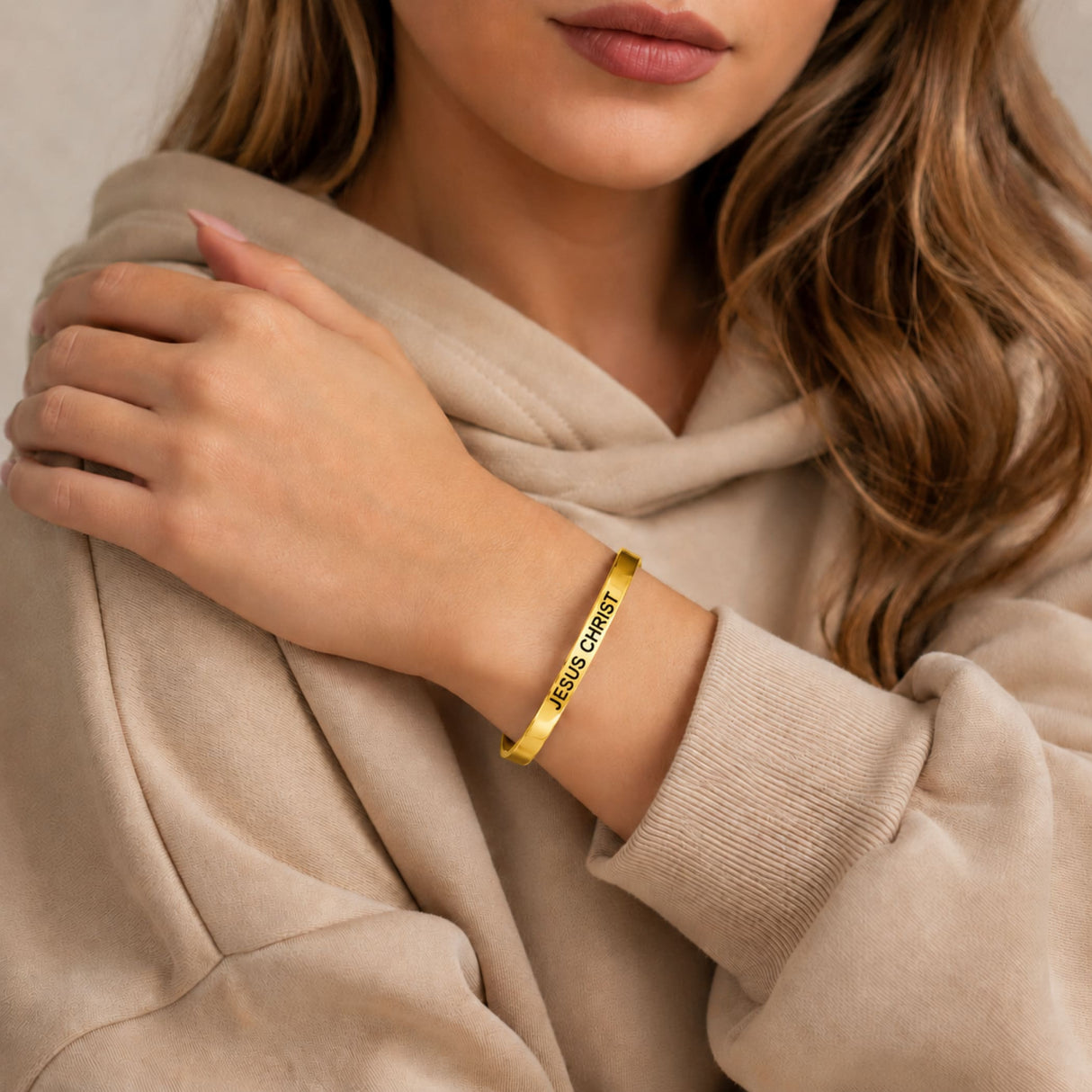 Gold-colored sleek personalized custom name cuff bracelet with jesus christ engraved adjustable open bangle design