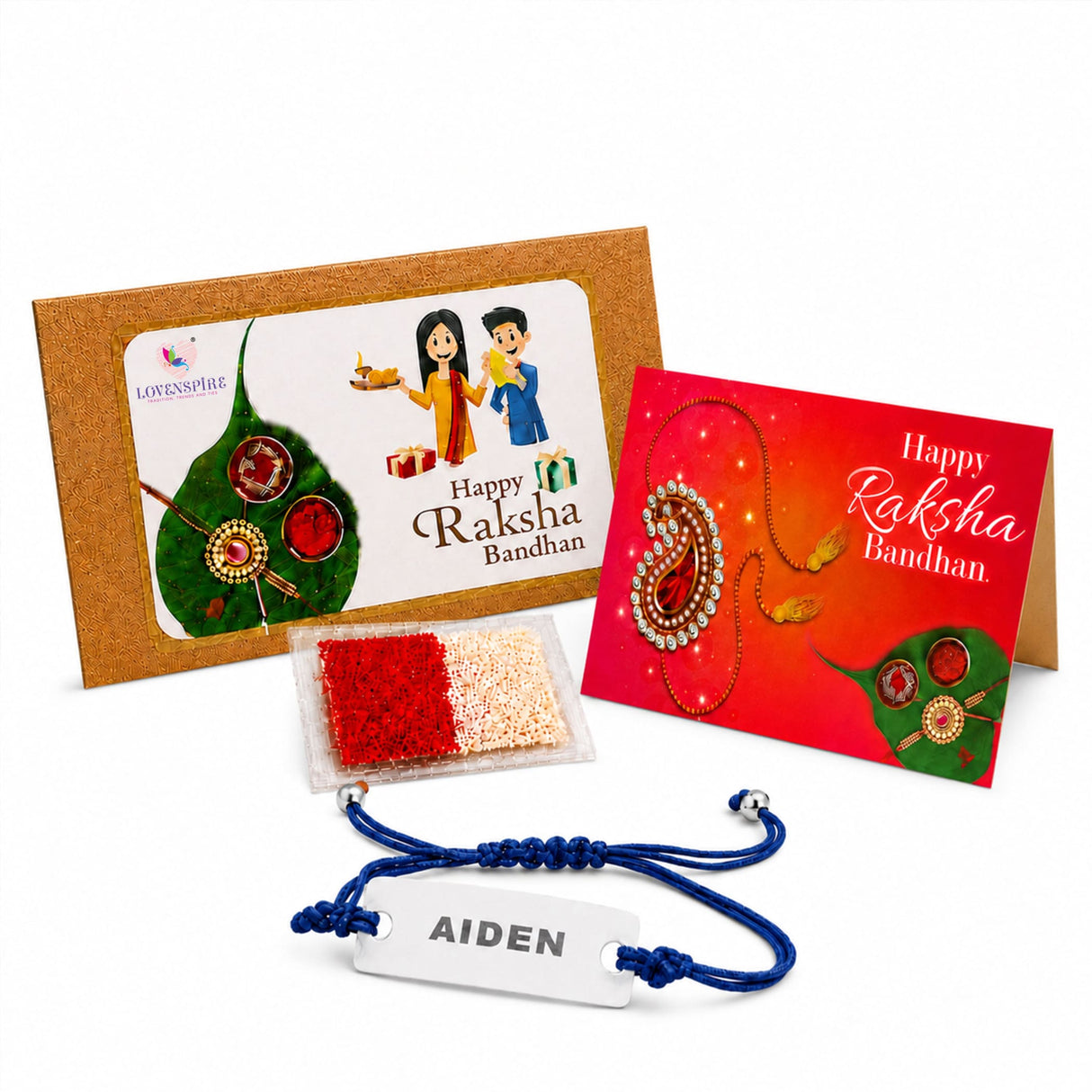 Personalized stainless steel name rakhi with blue braided cord and white tag engraved with aiden for brother gift