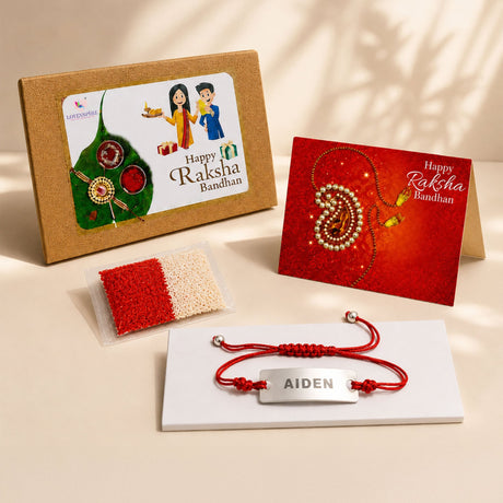 Personalized stainless steel name rakhi with red braided cord and engraved silver plate for brother raksha bandhan gift