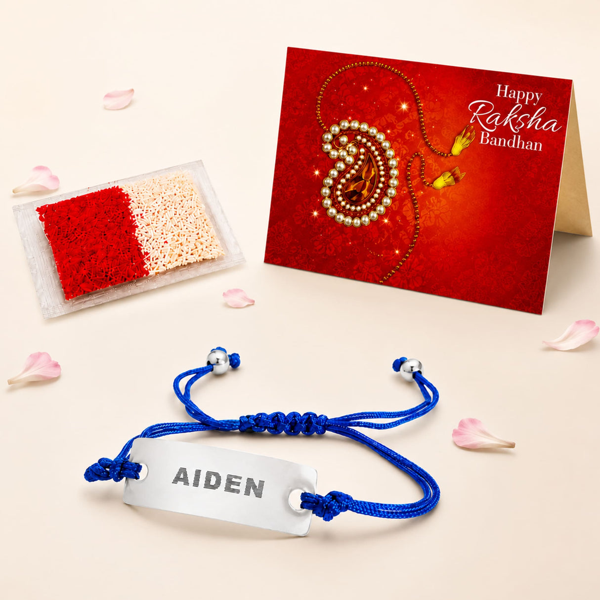 Blue braided cord personalized stainless steel name rakhi bracelet engraved with aiden for brother gift hamper
