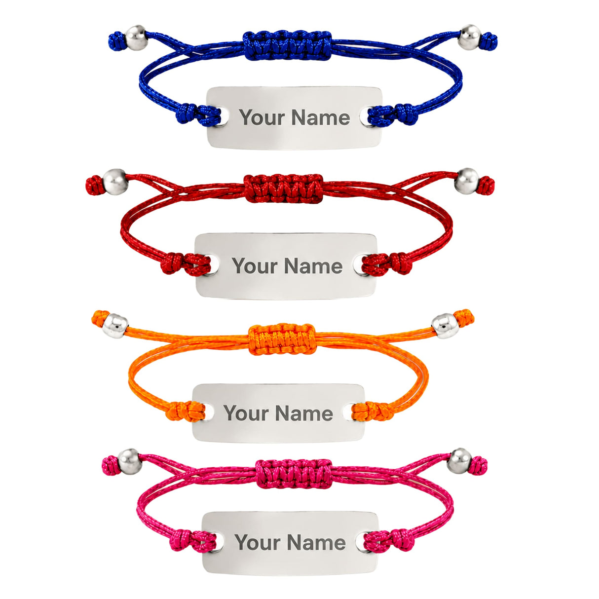 A set of four colorful braided personalized stainless steel name rakhis with silver nameplates for brother gift hamper