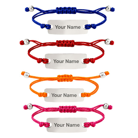 A set of four colorful braided personalized stainless steel name rakhis with silver nameplates for brother gift hamper