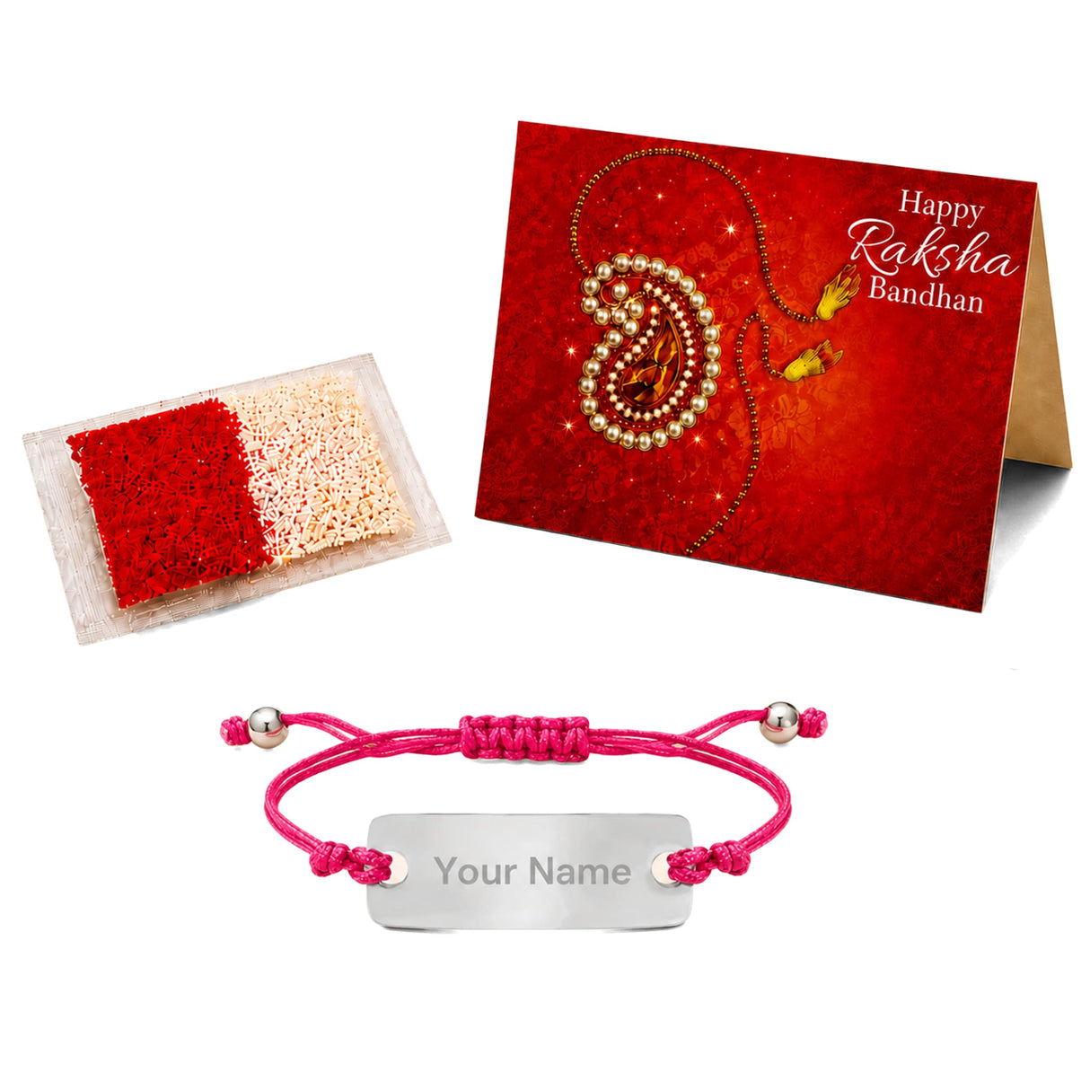 Pink braided cord personalized stainless steel name rakhi bracelet with custom engraving for brother and bhabhi gift hamper