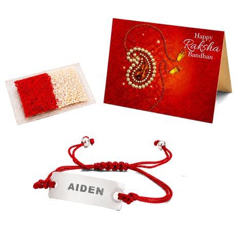 Personalized stainless steel name rakhi with red braided cord and engraved silver plate for brother raksha bandhan gift