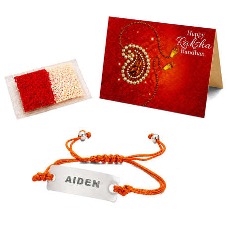 Personalized orange braided cord rakhi bracelet with silver stainless steel nameplate engraved with aiden for raksha bandhan gift