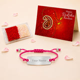 Personalized pink macrame rakhi bracelet with silver beads and customizable stainless steel nameplate for brother