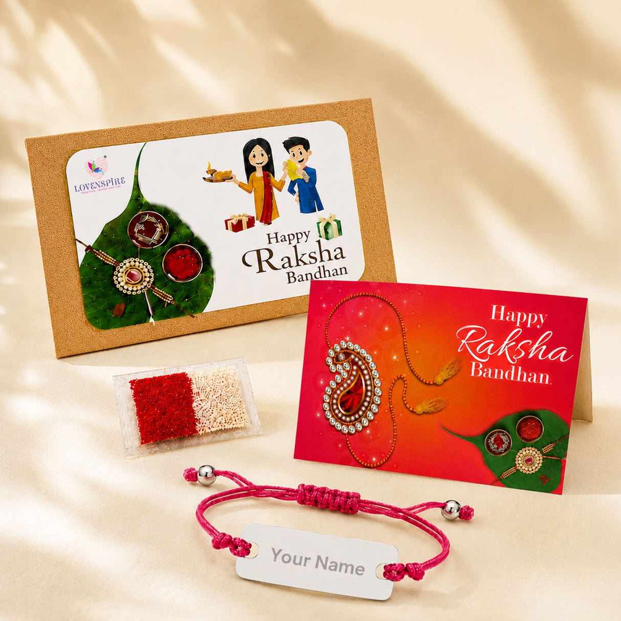 Pink braided stainless steel bracelet with silver beads and customizable name tag for raksha bandhan gift hamper