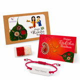 A personalized pink braided stainless steel name rakhi with silver beads and a custom engraved metallic nameplate