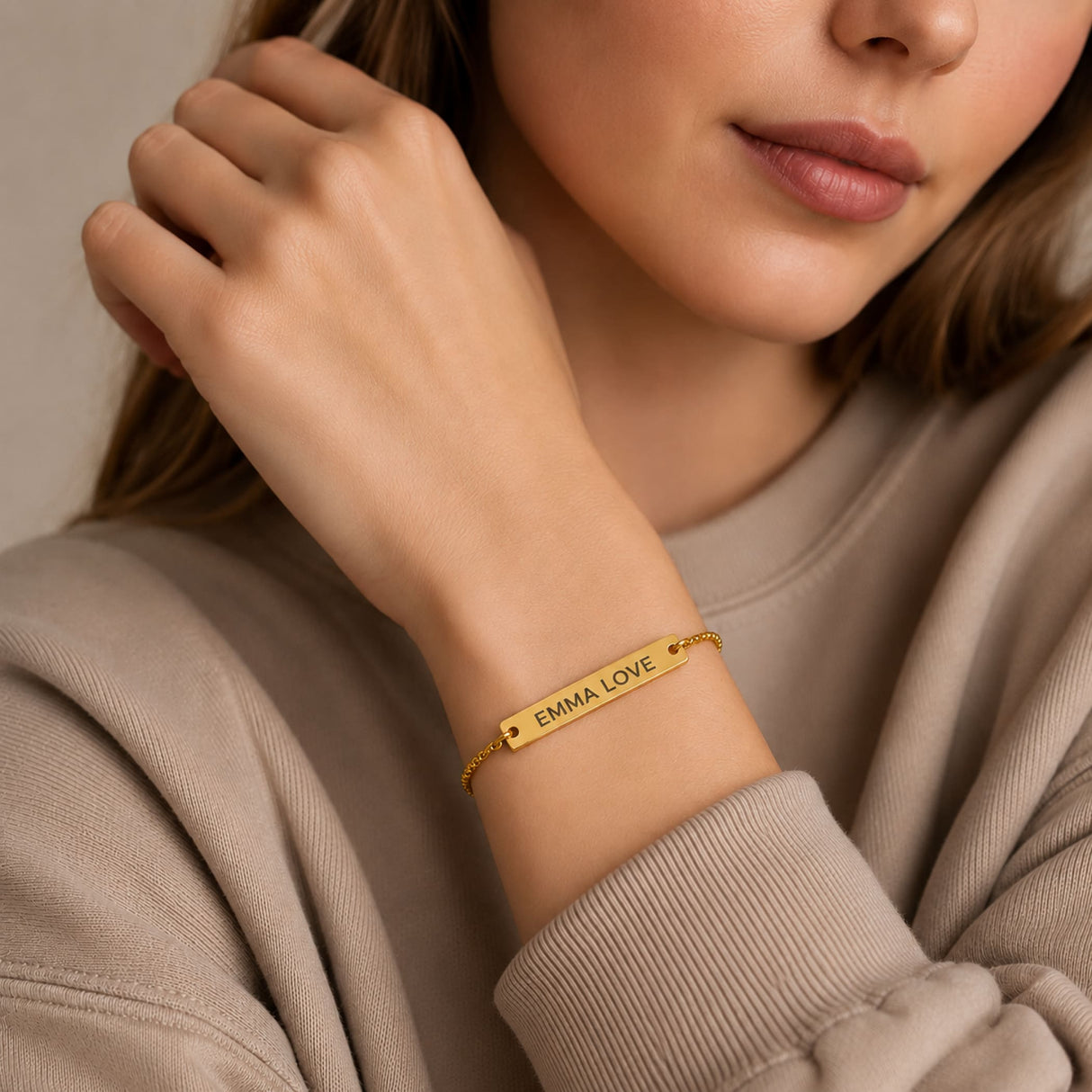 Gold-colored engraved nameplate bracelet with emma love inscription on adjustable string chain minimalist jewelry gift