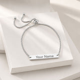 Silver stainless steel adjustable bracelet with sleek rectangular engraved nameplate and box chain design for personalized gifts