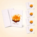 White greeting cards with watercolor glowing diwali oil lamps and happy diwali text for festive deepawali messages
