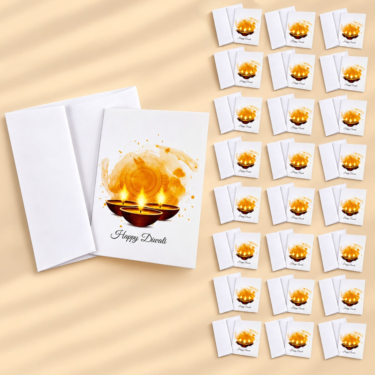 White printed paper happy diwali greeting card with three glowing orange oil lamps and elegant scripted text below