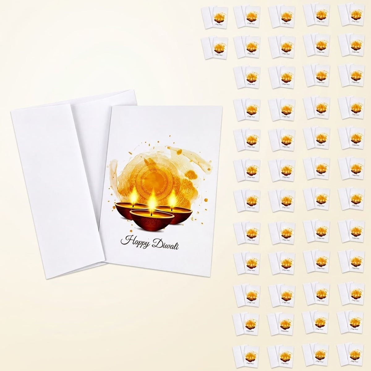 White paper happy diwali greeting card with golden diya design and black cursive text for festival messages