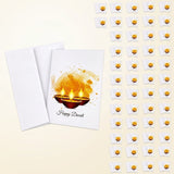 White paper happy diwali greeting card with golden diya design and black cursive text for festival messages