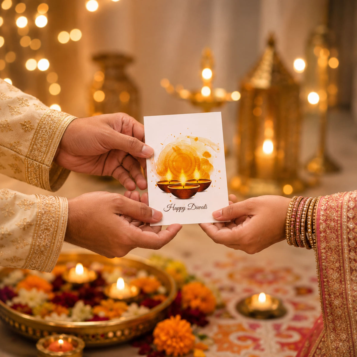 White greeting card featuring watercolor glowing diya lamps with happy diwali script for festival greetings