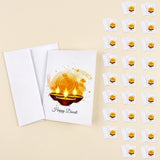 White printed paper happy Diwali greeting card with vibrant golden diya design and elegant black script text