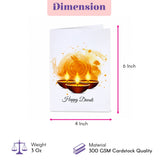 Happy diwali greeting card with vibrant orange watercolor splash and three glowing oil lamps on 300 gsm white cardstock