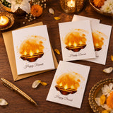 White greeting cards with watercolor glowing diwali oil lamps and happy diwali script for festival greetings