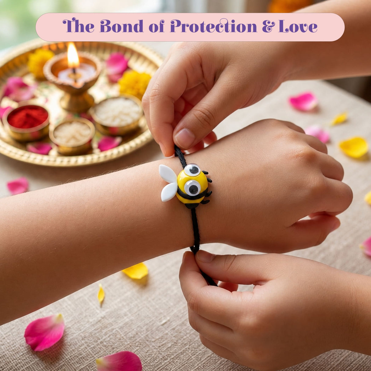 Yellow and white bee-shaped charm on a black cord bracelet from cartoon animal rakhi set for kids gifting protection