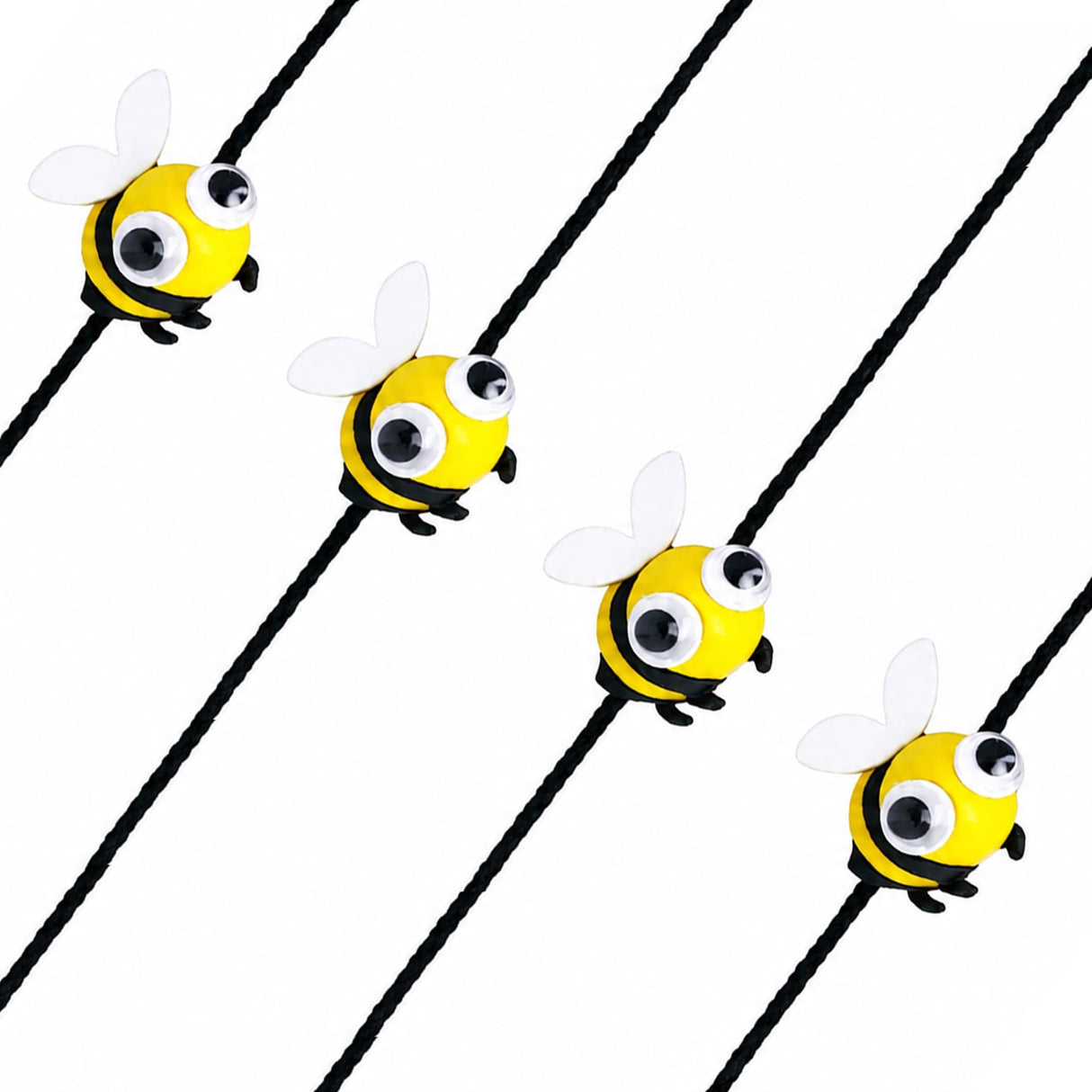 Cartoon animal rakhi for kids featuring yellow and black plastic honeybee charms with white wings and black cords