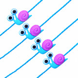Cartoon animal rakhi for kids featuring bright blue and purple snail-shaped cord clamps with googly eyes for raksha bandhan gift