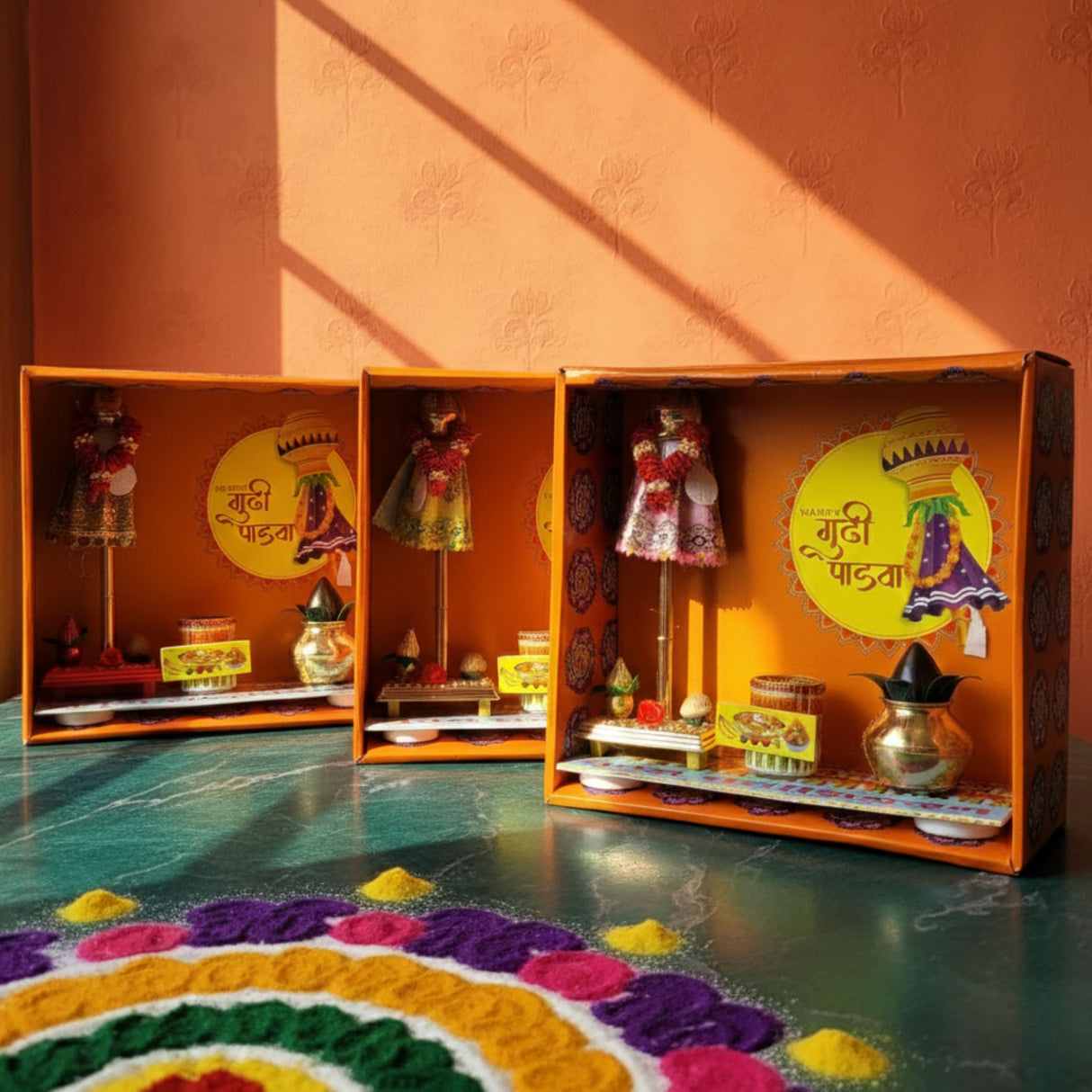 Readymade Gudi Padwa box with orange diya, Indian attire, gathi mala, kalash