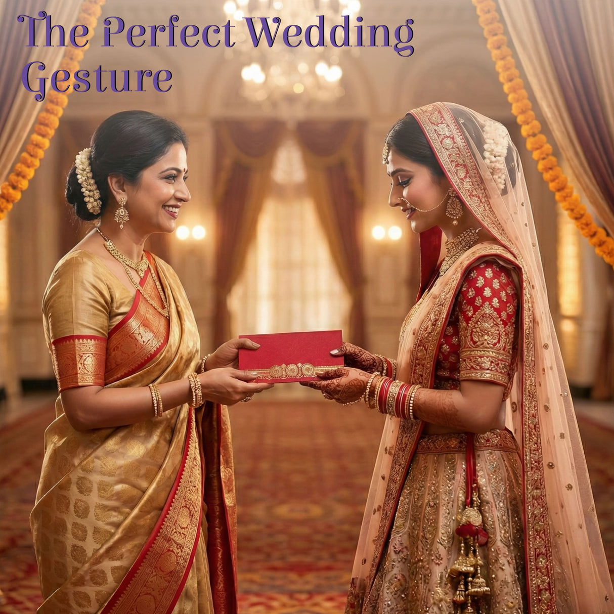 Red rectangular gift box with gold ornate detailing, lucky cash envelope