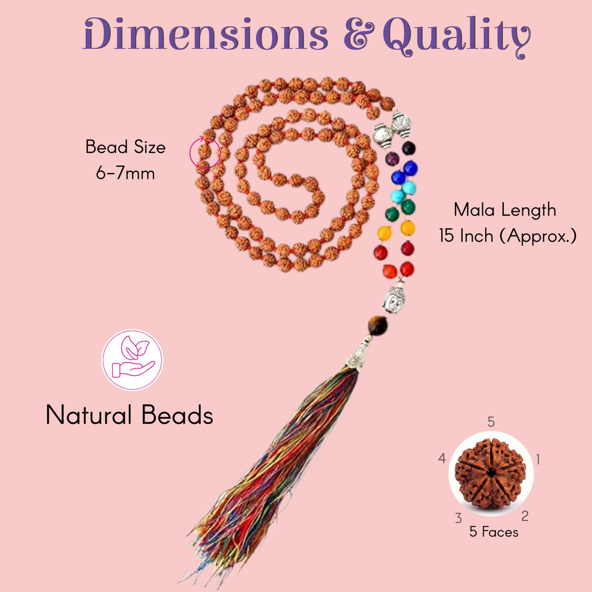 LOVENSPIRE 15-inch 108 rudraksha mala with rainbow beads, Buddha charm, tassel