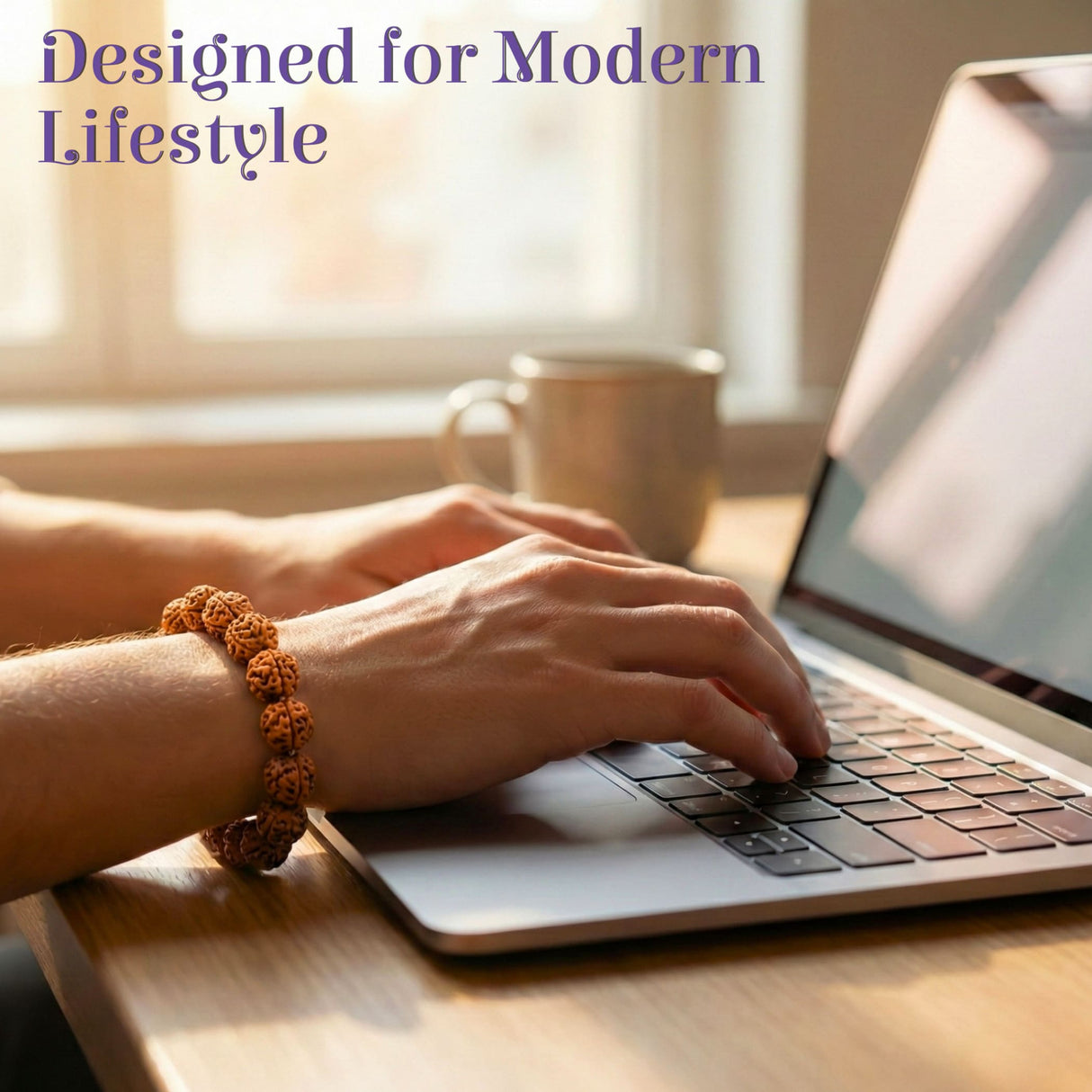 Warm earthy-toned 5 Mukhi Rudraksha wooden bead bracelet on wrist, 8.5mm Nepali beads