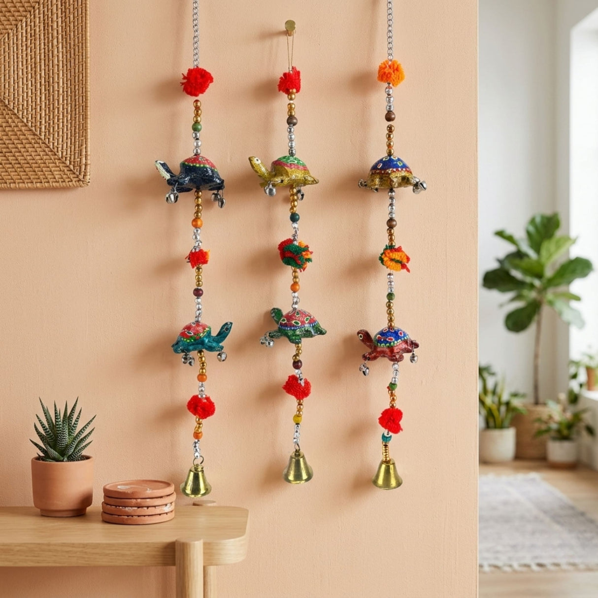 Colorful Rajasthani turtle wind chimes with pom-poms, bells, 15.5 inches