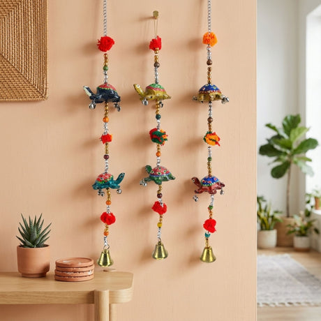 Colorful Rajasthani turtle wind chimes with pom-poms, bells, 15.5 inches