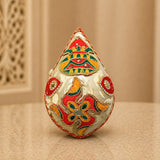 Shriphal mangal kalash decorated coconut with silver teardrop pouch embroidered in red green gold for wedding pooja