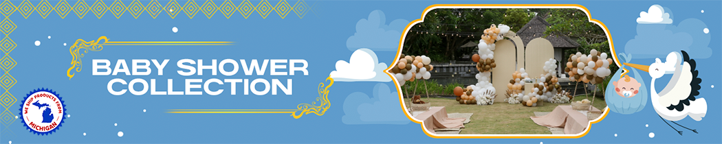 A decorative banner featuring baby shower collection text with stork and floral design elements.