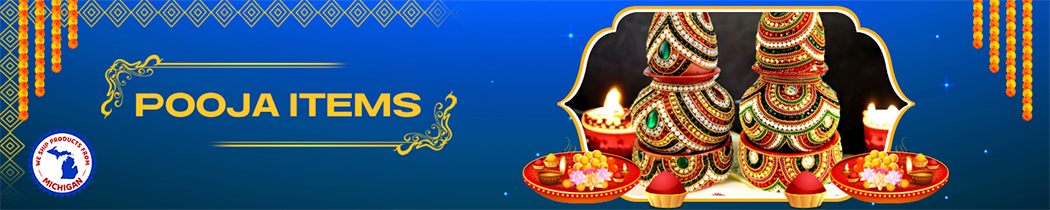 Decorative banner with gold text reading ’POOJA ITEMS’ against a dark blue background with traditional Indian design elements.