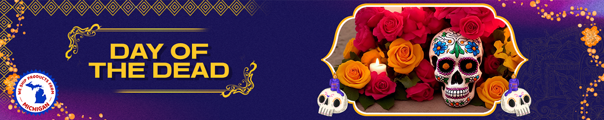 Decorative banner featuring sugar skulls, roses, and ’Day of the Dead’ text with ornate border designs.