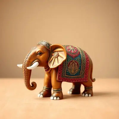 A vibrant Indian elephant figurine with intricate details, displayed against a soft neutral background, emphasizing its cultural significance and artistic beauty.