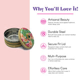 Green floral gotta lid with gold trim on 400g steel ladoo box